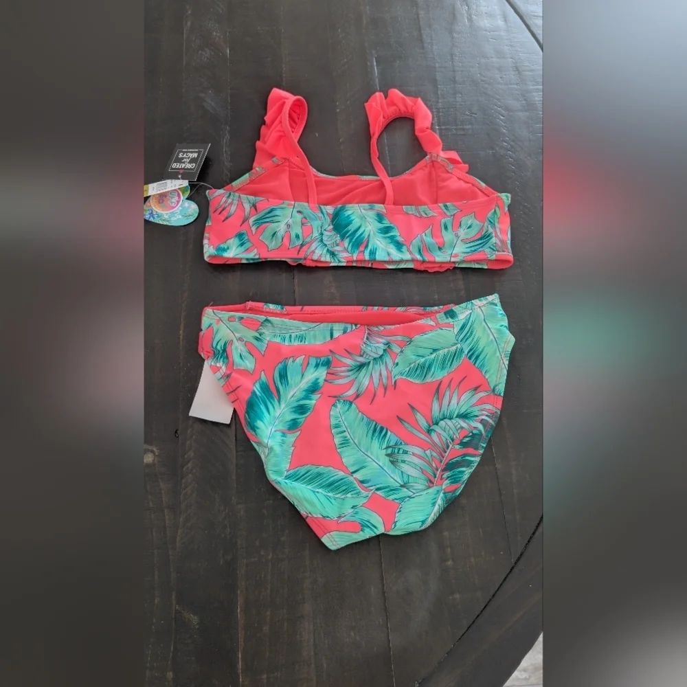 Macy's Coral and Green Ruffle Tropical Two-Piece Swim Set